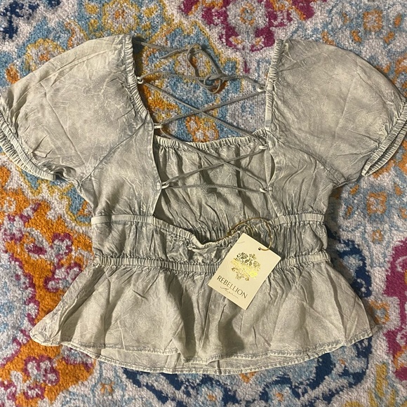 SOLD! Rebellion Again Criss-Cross Lace Up Backless Ruffle Hem Peplum Crop Top M - Picture 2 of 16